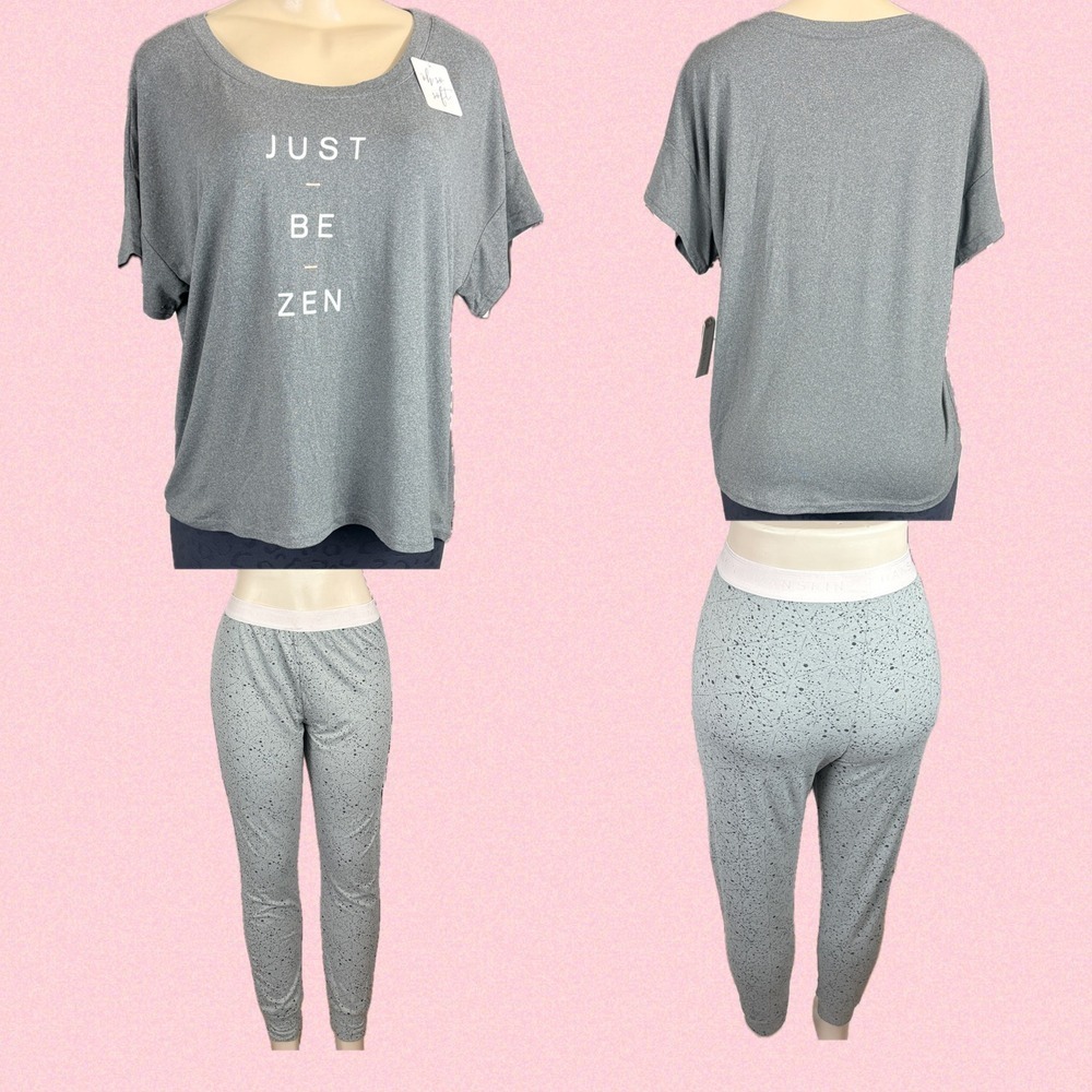 Danskin L Gray Lounge Pajamas Set Top Jogger Pants "Just Be Zen" Graphic Print